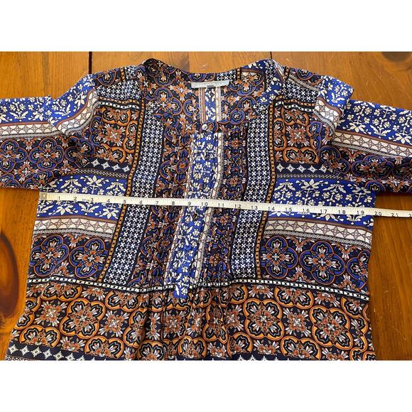 Daniel Rainn Women Medium Blouse Pleated Buttons Blue Orange Boho StyleD14122PR1 - Picture 13 of 14